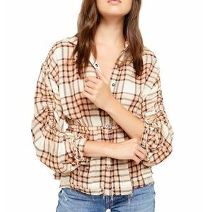 Free People Pacific Dawn Plaid Shirt - Peach - Size Large